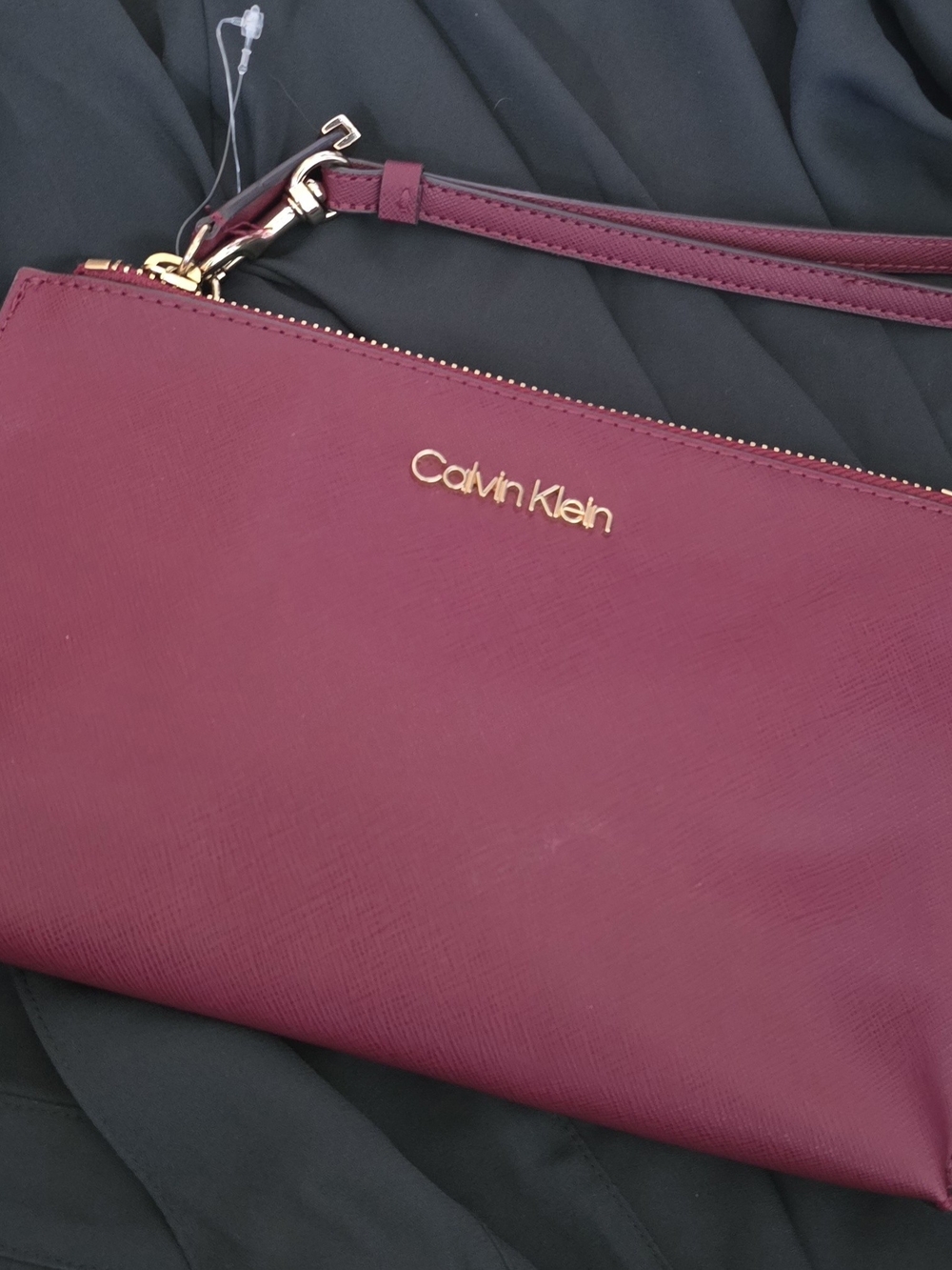 Calvin Klein Wine Saffiano Wristlet with Gold Hardware